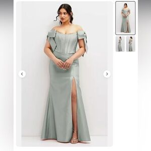 ALFRED SUNG Off Shoulder Bow Satin Corset Fit/Flare Skirt Willow GreenMaxi Dress